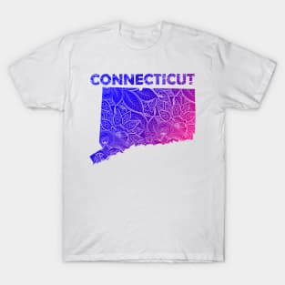 Colorful mandala art map of Connecticut with text in blue and violet T-Shirt